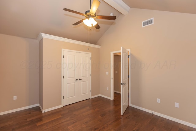 7414 Southbend Dr, Amarillo, TX 79119 - unfurnished bedroom with beamed ceiling, wood finished floors, ceiling fan, a closet, and high vaulted ceiling