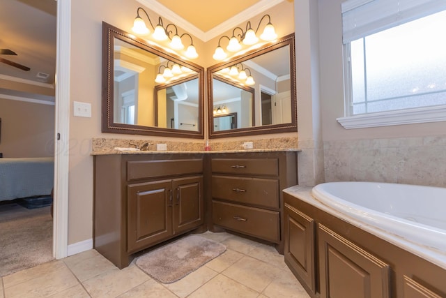 7414 Southbend Dr, Amarillo, TX 79119 - ensuite bathroom with crown molding, vanity, a garden tub, tile patterned flooring, and ceiling fan
