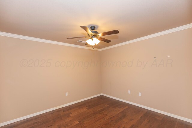 7414 Southbend Dr, Amarillo, TX 79119 - empty room with ceiling fan, dark wood-type flooring, and crown molding