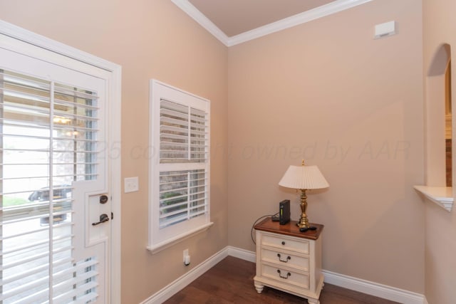 7414 Southbend Dr, Amarillo, TX 79119 - doorway to outside with crown molding and dark wood-style floors