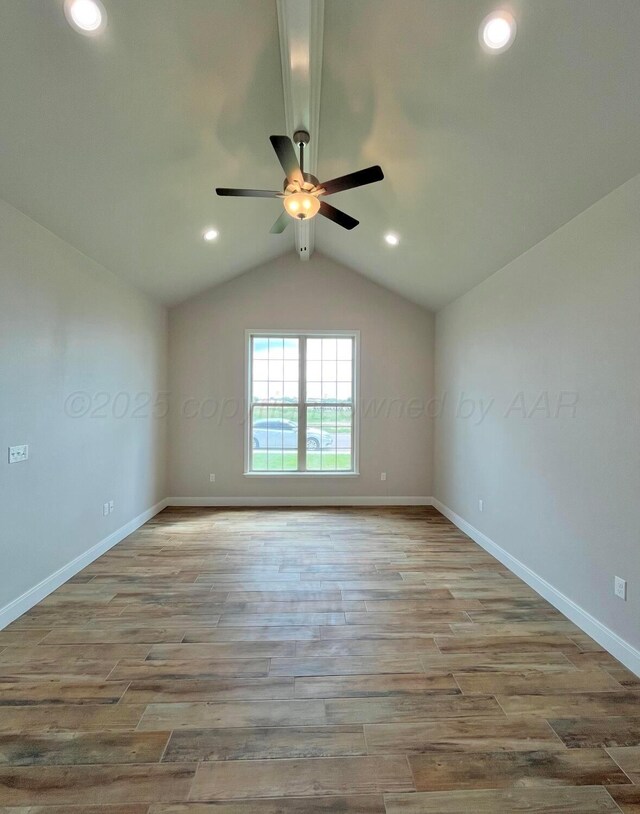 7504 Limestone Dr, Amarillo, TX 79119 - spare room featuring ceiling fan, wood finished floors, vaulted ceiling, baseboards, and recessed lighting