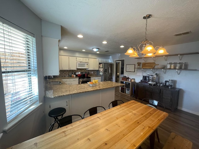 kitchen featuring a sink, plenty of natural light, stainless steel appliances, a peninsula, and visible vents