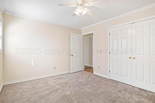 624 Nara Visa Ln, Fritch, TX 79036 - unfurnished bedroom with carpet flooring, ornamental molding, baseboards, a closet, and a ceiling fan