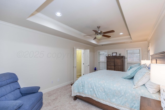 7901 Kingsgate Dr, Amarillo, TX 79119 - carpeted bedroom with a tray ceiling, ornamental molding, ceiling fan, and recessed lighting