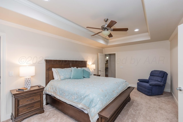 7901 Kingsgate Dr, Amarillo, TX 79119 - bedroom with light carpet, crown molding, a tray ceiling, a ceiling fan, and recessed lighting