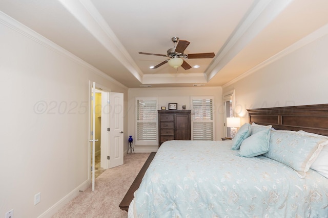 7901 Kingsgate Dr, Amarillo, TX 79119 - bedroom featuring light colored carpet, crown molding, a tray ceiling, recessed lighting, and a ceiling fan