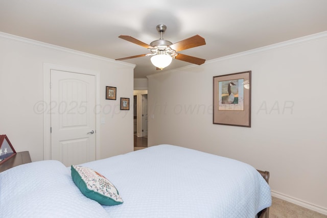 7901 Kingsgate Dr, Amarillo, TX 79119 - bedroom with crown molding, a ceiling fan, and light colored carpet