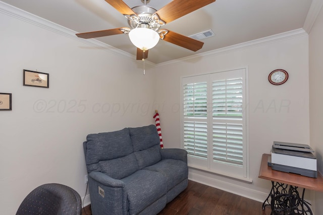 7901 Kingsgate Dr, Amarillo, TX 79119 - living area with crown molding, wood finished floors, and ceiling fan