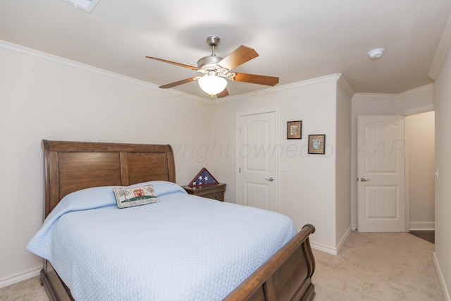 7901 Kingsgate Dr, Amarillo, TX 79119 - bedroom featuring crown molding, light colored carpet, and ceiling fan