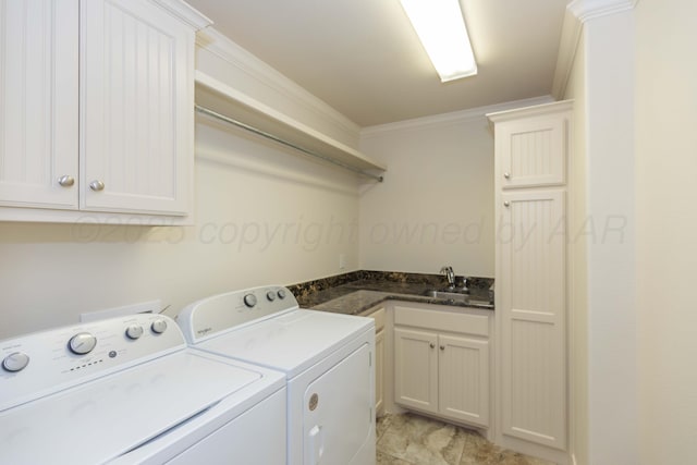 7901 Kingsgate Dr, Amarillo, TX 79119 - laundry room featuring cabinet space, washing machine and dryer, and ornamental molding