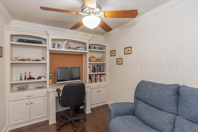 7901 Kingsgate Dr, Amarillo, TX 79119 - home office featuring dark wood-type flooring, ornamental molding, a ceiling fan, and built in features
