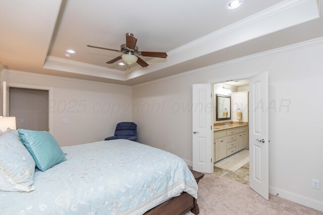 7901 Kingsgate Dr, Amarillo, TX 79119 - bedroom featuring a tray ceiling, light carpet, crown molding, recessed lighting, and ensuite bathroom