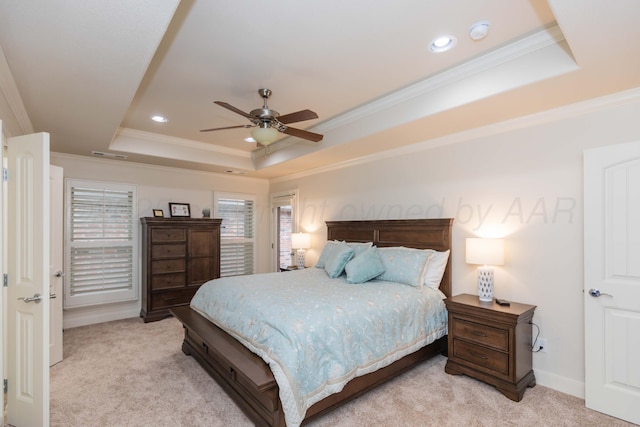 7901 Kingsgate Dr, Amarillo, TX 79119 - bedroom with a raised ceiling, light colored carpet, ornamental molding, recessed lighting, and a ceiling fan