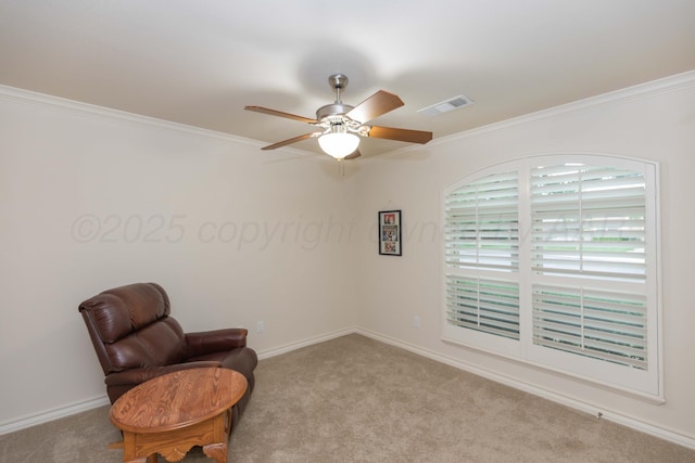 7901 Kingsgate Dr, Amarillo, TX 79119 - living area featuring carpet flooring, crown molding, and ceiling fan
