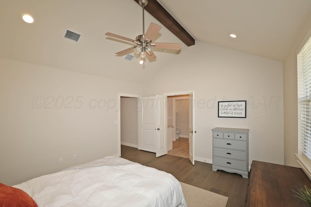 6107 Bowery, Amarillo, TX 79119 - bedroom featuring dark wood-type flooring, beamed ceiling, recessed lighting, baseboards, and ceiling fan