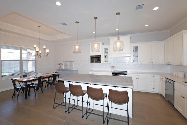 6107 Bowery, Amarillo, TX 79119 - kitchen featuring stainless steel appliances, ornamental molding, tasteful backsplash, white cabinetry, and dark wood-type flooring