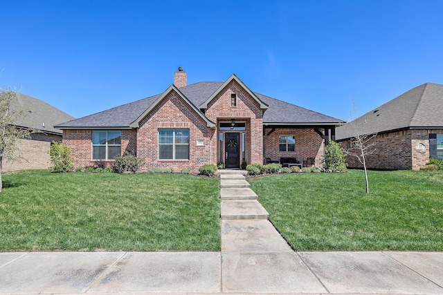 6107 Bowery, Amarillo, TX 79119 - view of front facade featuring brick siding, a chimney, a front lawn, and a shingled roof
