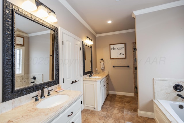 bathroom featuring a bath, two vanities, crown molding, and a sink