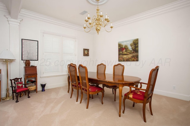 18 Cloister Pkwy, Amarillo, TX 79121 - dining area with light colored carpet, a chandelier, and crown molding