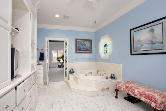 18 Cloister Pkwy, Amarillo, TX 79121 - bathroom featuring a whirlpool tub, crown molding, vanity, ceiling fan, and marble look tile flooring