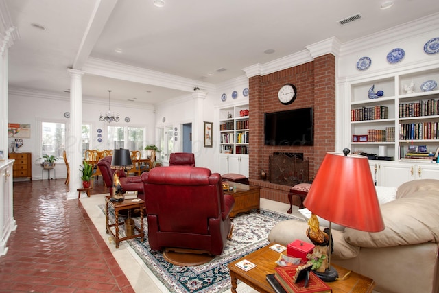 18 Cloister Pkwy, Amarillo, TX 79121 - living area with decorative columns, built in features, a fireplace, and crown molding