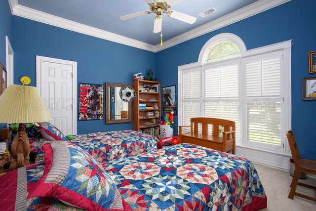 18 Cloister Pkwy, Amarillo, TX 79121 - bedroom featuring carpet flooring, ornamental molding, and a ceiling fan