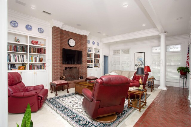 18 Cloister Pkwy, Amarillo, TX 79121 - living room featuring ornate columns, crown molding, brick flooring, a fireplace, and built in features