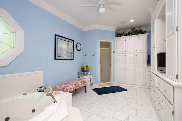 18 Cloister Pkwy, Amarillo, TX 79121 - bathroom featuring a stall shower, a whirlpool tub, ornamental molding, and ceiling fan