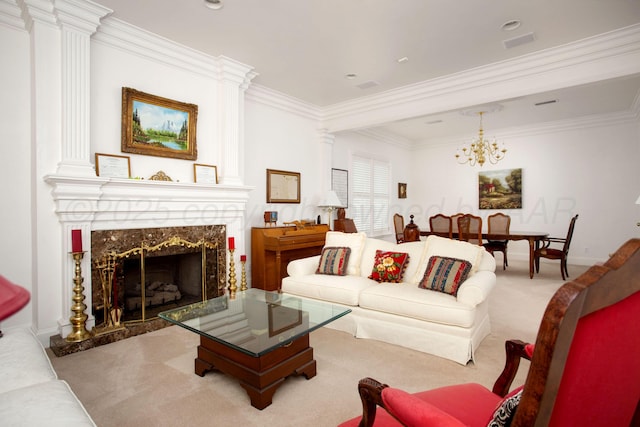 18 Cloister Pkwy, Amarillo, TX 79121 - living room with ornamental molding, carpet floors, a chandelier, a premium fireplace, and ornate columns