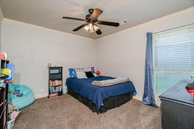 6903 Silverbell Ln, Amarillo, TX 79124 - bedroom featuring carpet floors, baseboards, crown molding, and ceiling fan