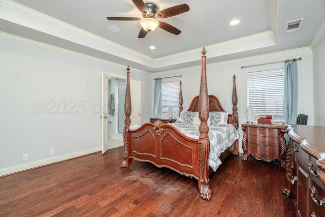 6903 Silverbell Ln, Amarillo, TX 79124 - bedroom with dark wood-style flooring, ornamental molding, a raised ceiling, a ceiling fan, and baseboards