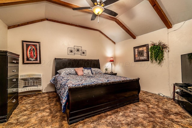 carpeted bedroom with ceiling fan, heating unit, and vaulted ceiling with beams