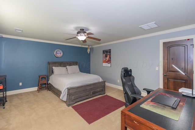 carpeted bedroom featuring ornamental molding and ceiling fan