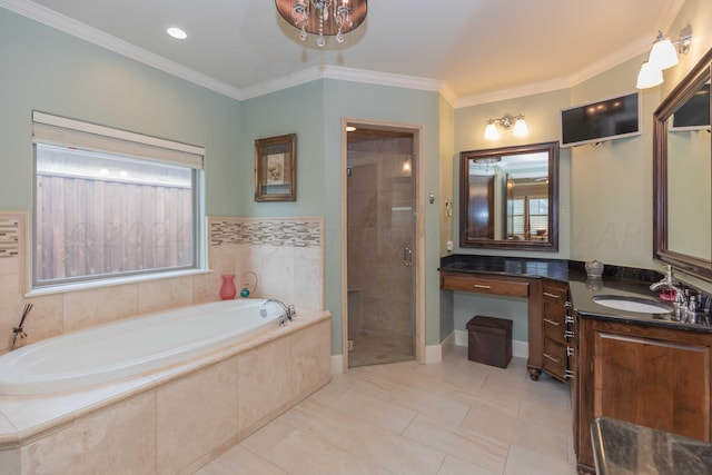 bathroom featuring shower with separate bathtub, vanity, tile patterned floors, and ornamental molding