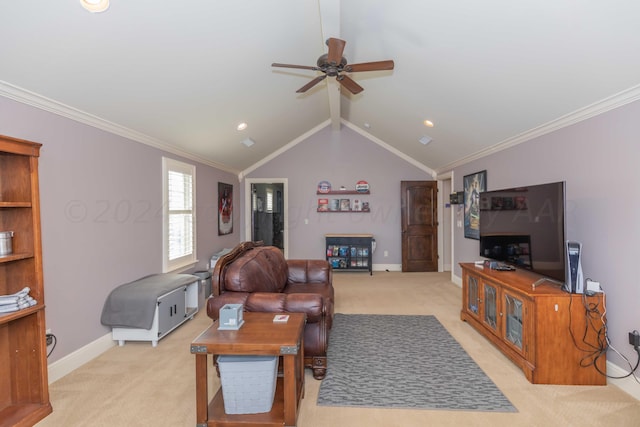 living room with light carpet, crown molding, vaulted ceiling, and ceiling fan