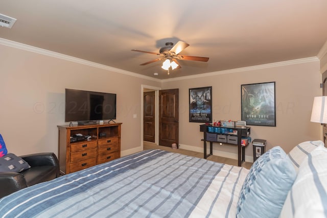 bedroom featuring ornamental molding and ceiling fan