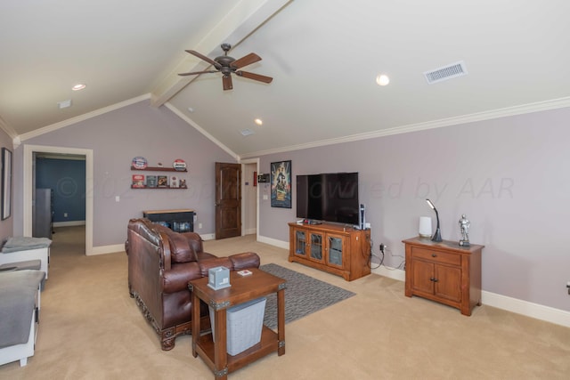 carpeted living room featuring ceiling fan, vaulted ceiling with beams, and crown molding