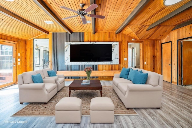 1802 Chama St, Amarillo, TX 79102 - living area with wood walls, wood finished floors, ceiling fan, and wooden ceiling