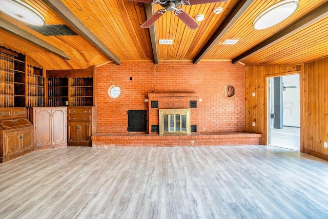1802 Chama St, Amarillo, TX 79102 - unfurnished living room featuring a ceiling fan, wood finished floors, a fireplace, and wood walls