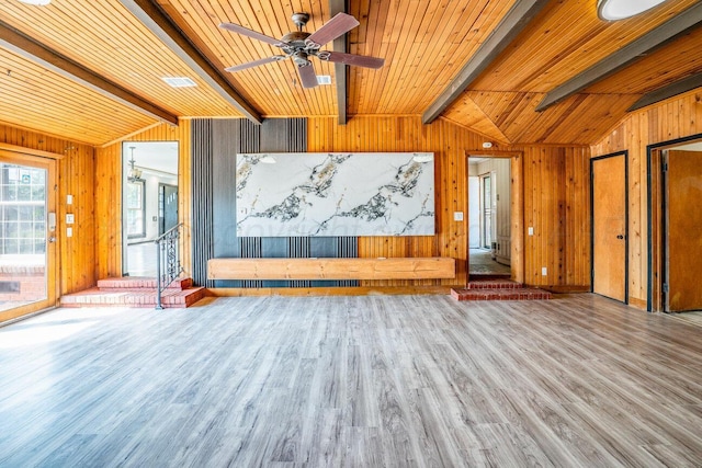 1802 Chama St, Amarillo, TX 79102 - unfurnished living room with wood walls, wood finished floors, ceiling fan, and wood ceiling