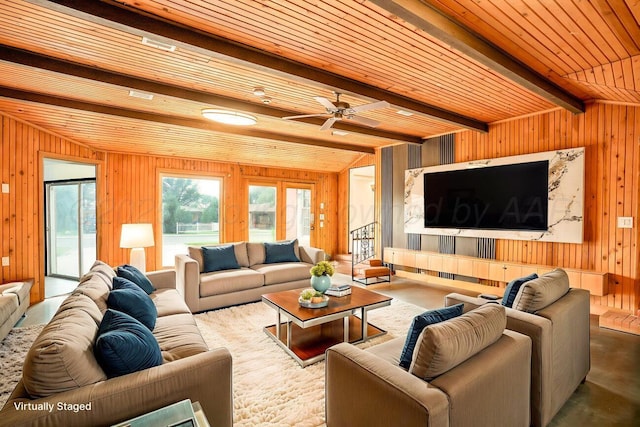 1802 Chama St, Amarillo, TX 79102 - living area with wooden walls, a wood ceiling with exposed beams, and a ceiling fan