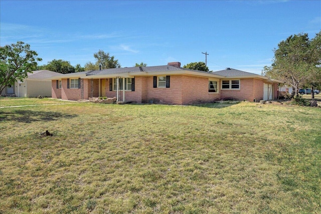709 Franklin Ave, Panhandle, TX 79068 - ranch-style house with an attached garage, brick siding, a front yard, and a chimney