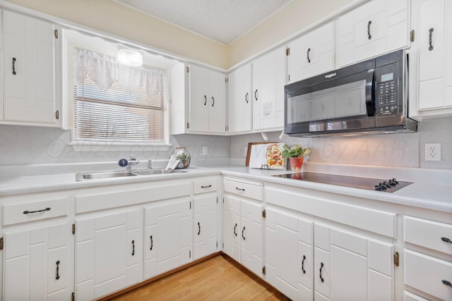 kitchen featuring a sink, light countertops, black appliances, and light wood-style floors