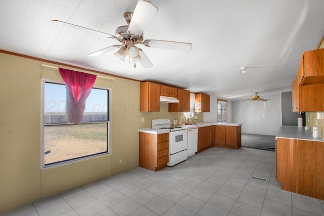 kitchen featuring ceiling fan, sink, and white appliances