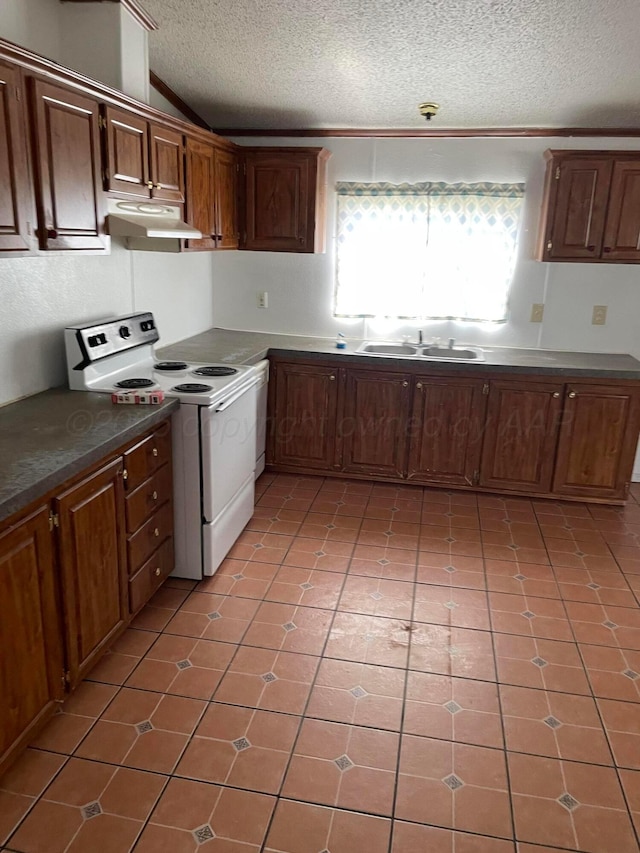 kitchen with white electric stove, a sink, a textured ceiling, dark countertops, and under cabinet range hood