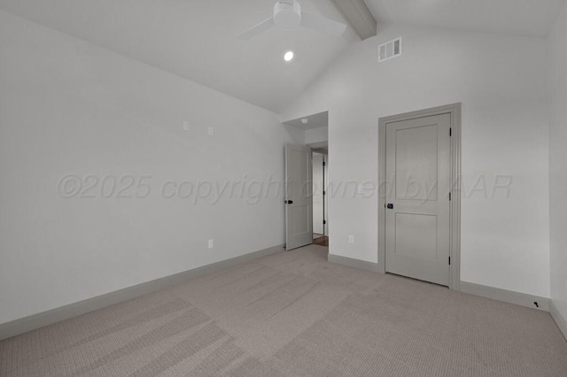 5505 Sheridan St, Amarillo, TX 79119 - unfurnished bedroom featuring light carpet, beamed ceiling, high vaulted ceiling, ceiling fan, and recessed lighting