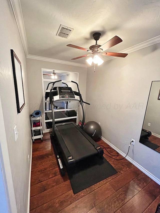 exercise area with wood-type flooring, visible vents, a ceiling fan, and crown molding