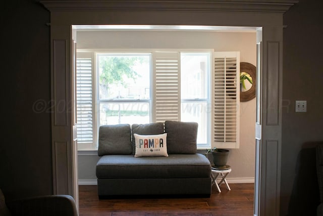 sitting room featuring dark wood-style flooring and baseboards