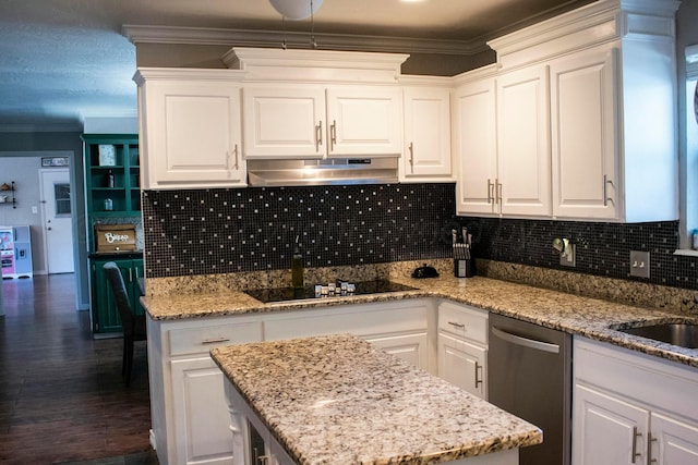 kitchen with black electric cooktop, dark wood-style flooring, ornamental molding, under cabinet range hood, and stainless steel dishwasher