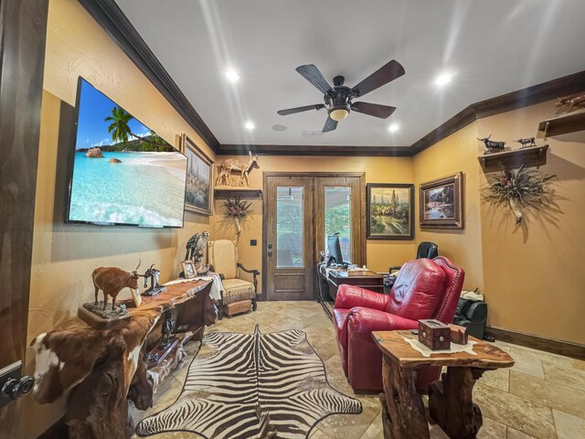 38 Merion Pl, Amarillo, TX 79124 - living room featuring ornamental molding, french doors, stone finish floors, a ceiling fan, and recessed lighting